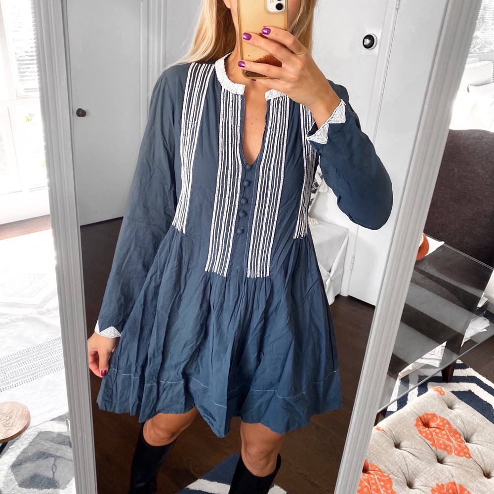 💙 VINTAGE 55 BOHO GREY BLUE WHITE BEADED LOOSE LONG SLEEVE DRESS!